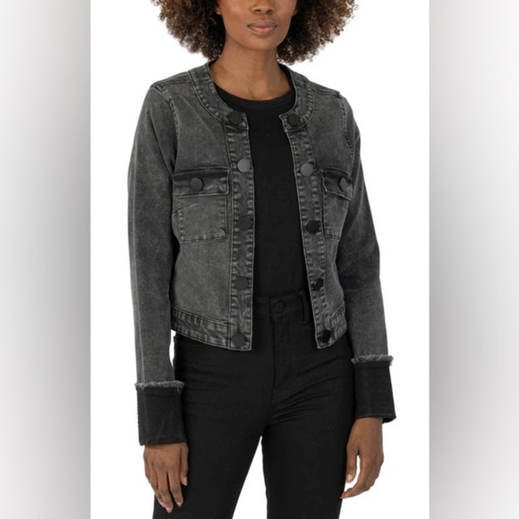 Kut from The Kloth Belle Collarless Acid Wash Denim Jacket - Picture 1 of 9